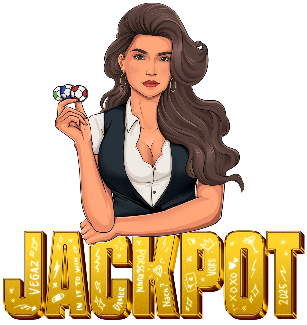 Jackpot-russelogo med illustrert kvinne og gullbokstaver